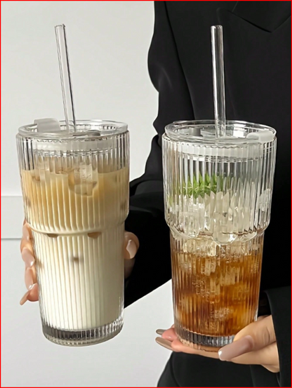 🌟 Striped "Ins Style" 600ml Glass Drinking Cup