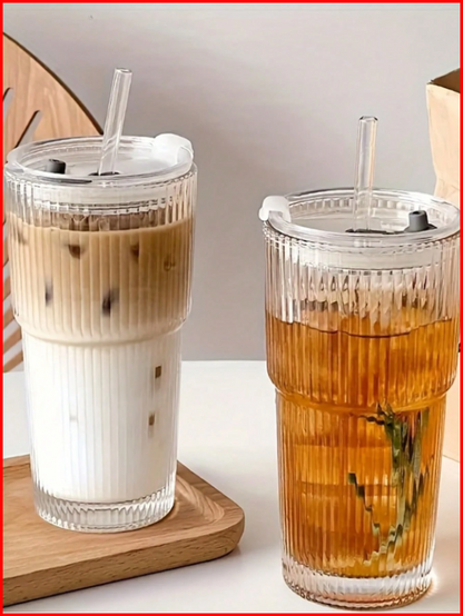 🌟 Striped "Ins Style" 600ml Glass Drinking Cup
